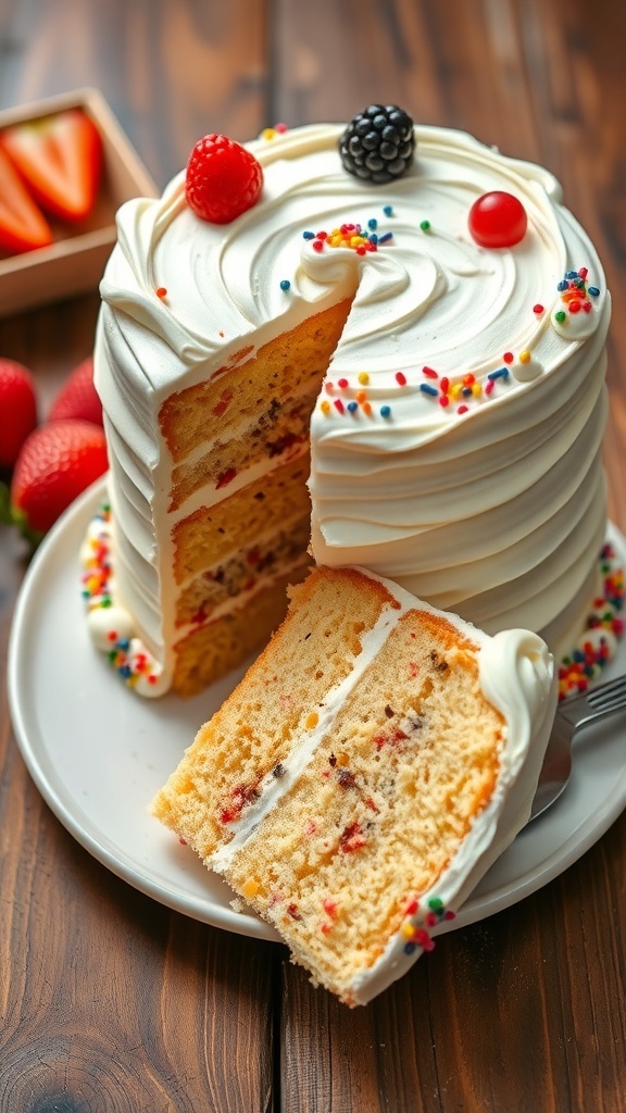 A classic butter icing cake with smooth icing and colorful sprinkles, served on a rustic table.